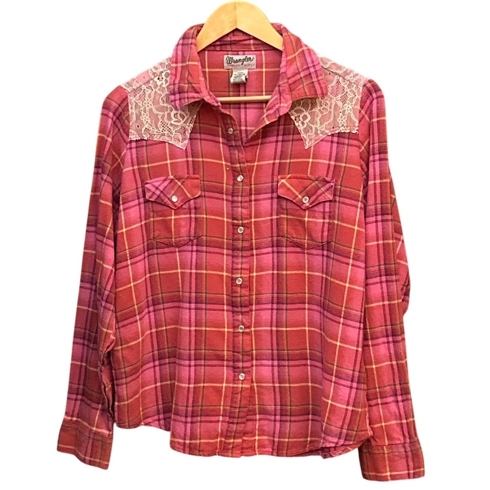 Vintage Wrangler Plaid Western Shirt Coastal Cowgirl Boho Lace Overlay Pink XL